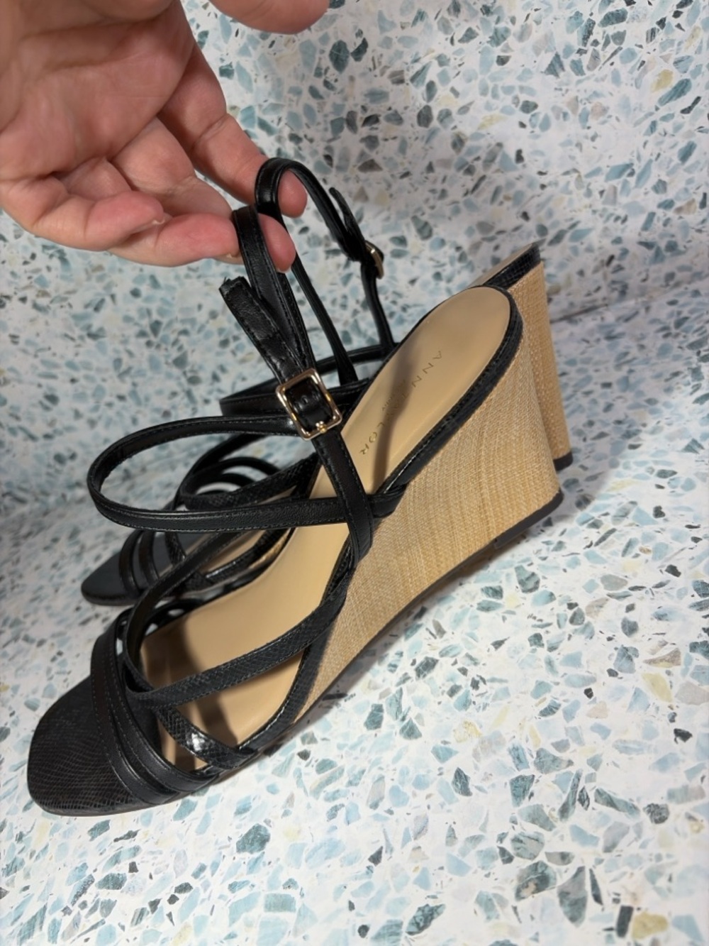 Ann Taylor Factory Black Strappy Wedge Sandals 8.5 - Picture 2 of 7